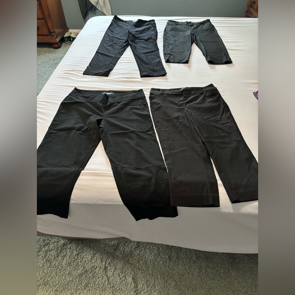Set of 4 Black pants, all size 12, 1 ankle length, 3 Capri length
